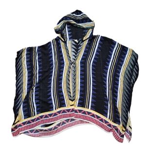 Raga Multi Colored Striped One Button Hooded Poncho Style Jacket Cardigan Sz L